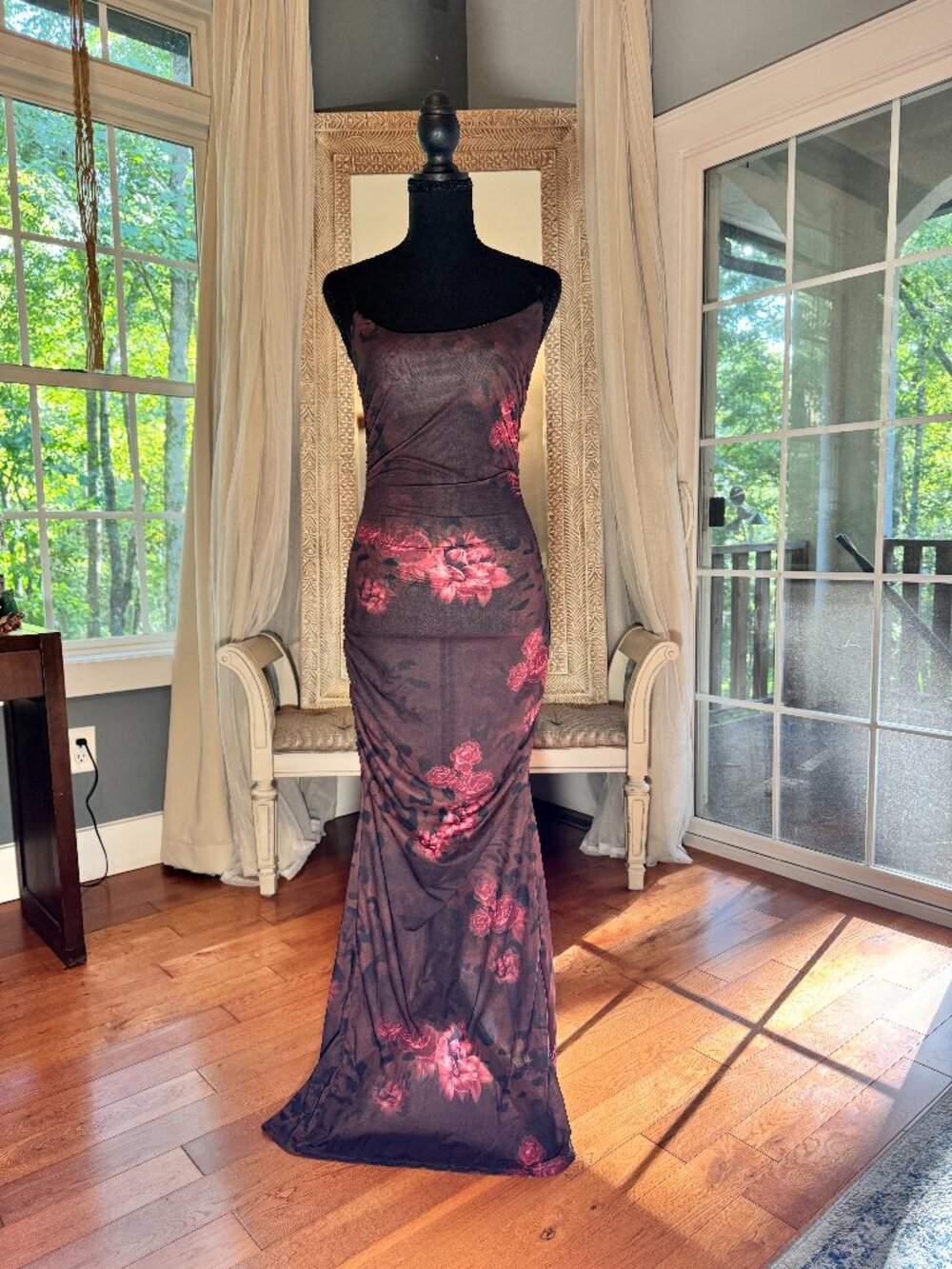Satinni Brown Red Floral Ruched Sheer Bodycon Maxi Dress S NWT